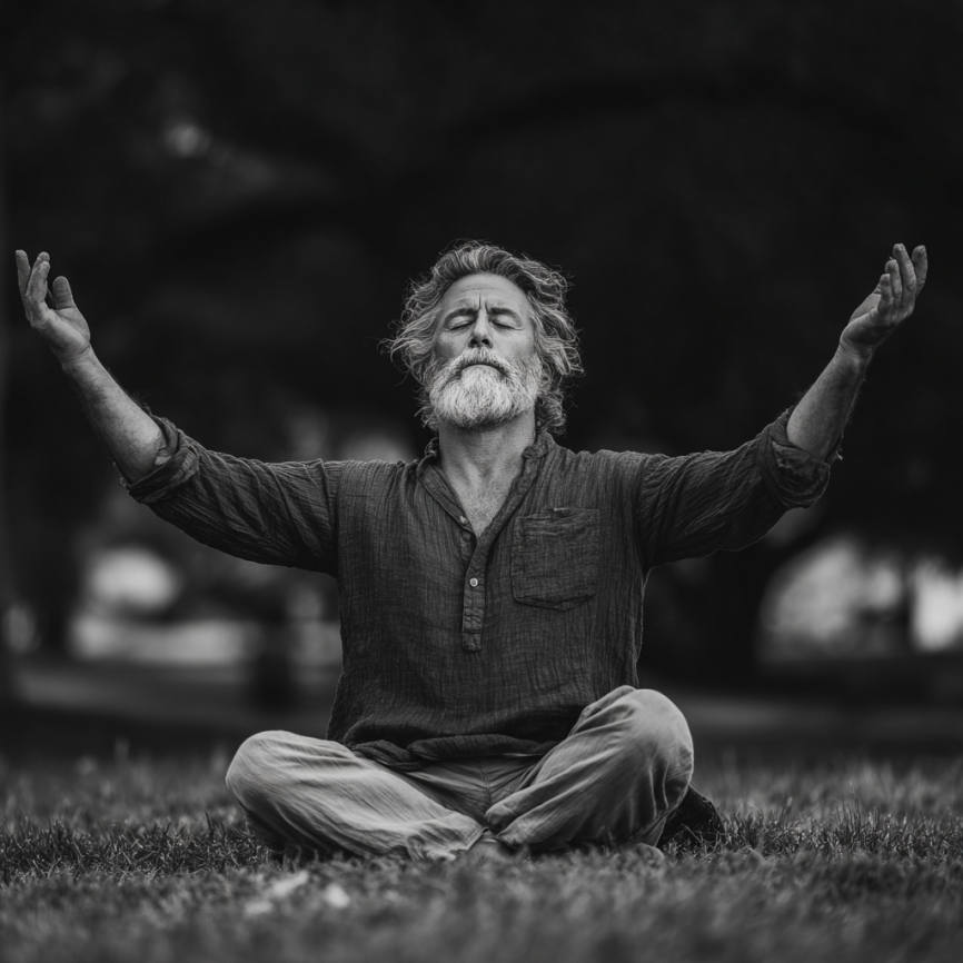 Група зрели хора практикуват йога на открито в спокойна обстановка