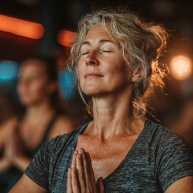 Жена в зряла възраст демонстрира йога поза, показваща гъвкавост и сила