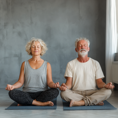 Групово занятие по йога в светла и просторна студия с участници в зряла възраст